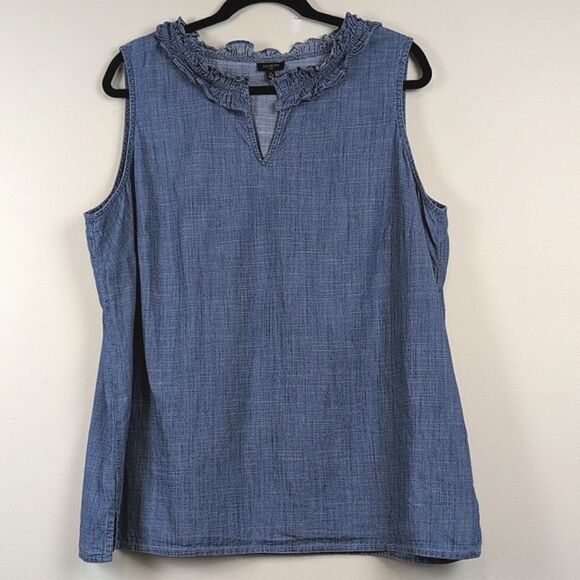Talbot's Plus Size Ruffle Trim Shell In Denim Slub Size 1X - Picture 9 of 10